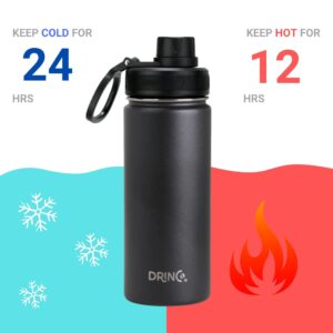 DRINCO Stainless Steel Water Bottle Spout Lid Vacuum Insulated Double Wall Water Bottle Wide Mouth (40oz 32oz 22oz 18oz 14oz) Leak Proof Keeps Cold or Hot (18 oz, 18oz Black)