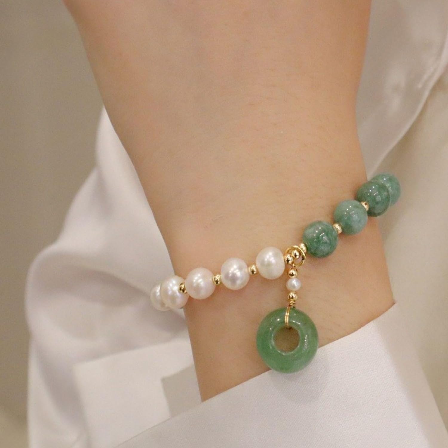 BigBigMe Burmese Jade Pearl Bracelet, Gemstone Charm Elastic Beaded Bracelet, Elastic Bracelet, Bracelet for Women