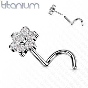 Dynamique Implant Grade Titanium Threadless Push In Nose Screw Rings With CZ Or Opal Set Flower Top (Sold Per Piece)