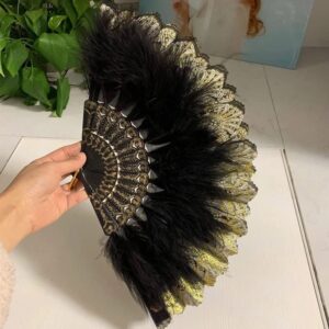 Huralona 1920s Vintage Style Flapper Hand Fan Embroidered Flower Marabou Feather Fan (Embroidered Black)