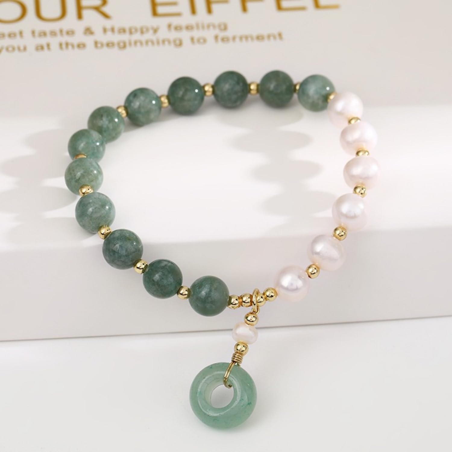 BigBigMe Burmese Jade Pearl Bracelet, Gemstone Charm Elastic Beaded Bracelet, Elastic Bracelet, Bracelet for Women