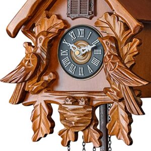 TIMEGEAR Cuckoo Clock with Night Mode, Singing Bird, Wooden Decorations and Swinging Pendulum (Brown)