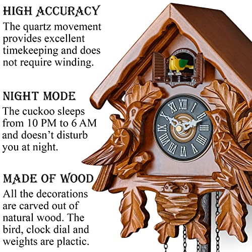 TIMEGEAR Cuckoo Clock with Night Mode, Singing Bird, Wooden Decorations and Swinging Pendulum (Brown)