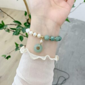 BigBigMe Burmese Jade Pearl Bracelet, Gemstone Charm Elastic Beaded Bracelet, Elastic Bracelet, Bracelet for Women