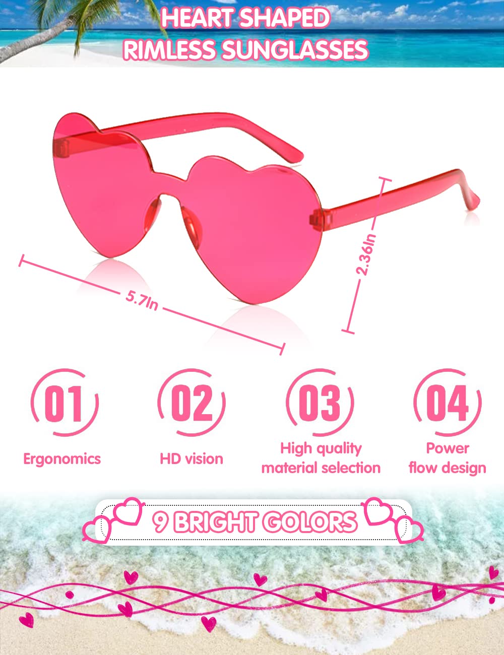 Heart Glasses 9 Pieces, Rimless Heart Shaped Sunglasses, Candy Color Heart Shaped Glasses, Party Sunglasses Heart Sunglasses for Women - Party Favors for Birthday Graduation Beach Pool Party