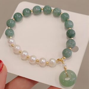 BigBigMe Burmese Jade Pearl Bracelet, Gemstone Charm Elastic Beaded Bracelet, Elastic Bracelet, Bracelet for Women