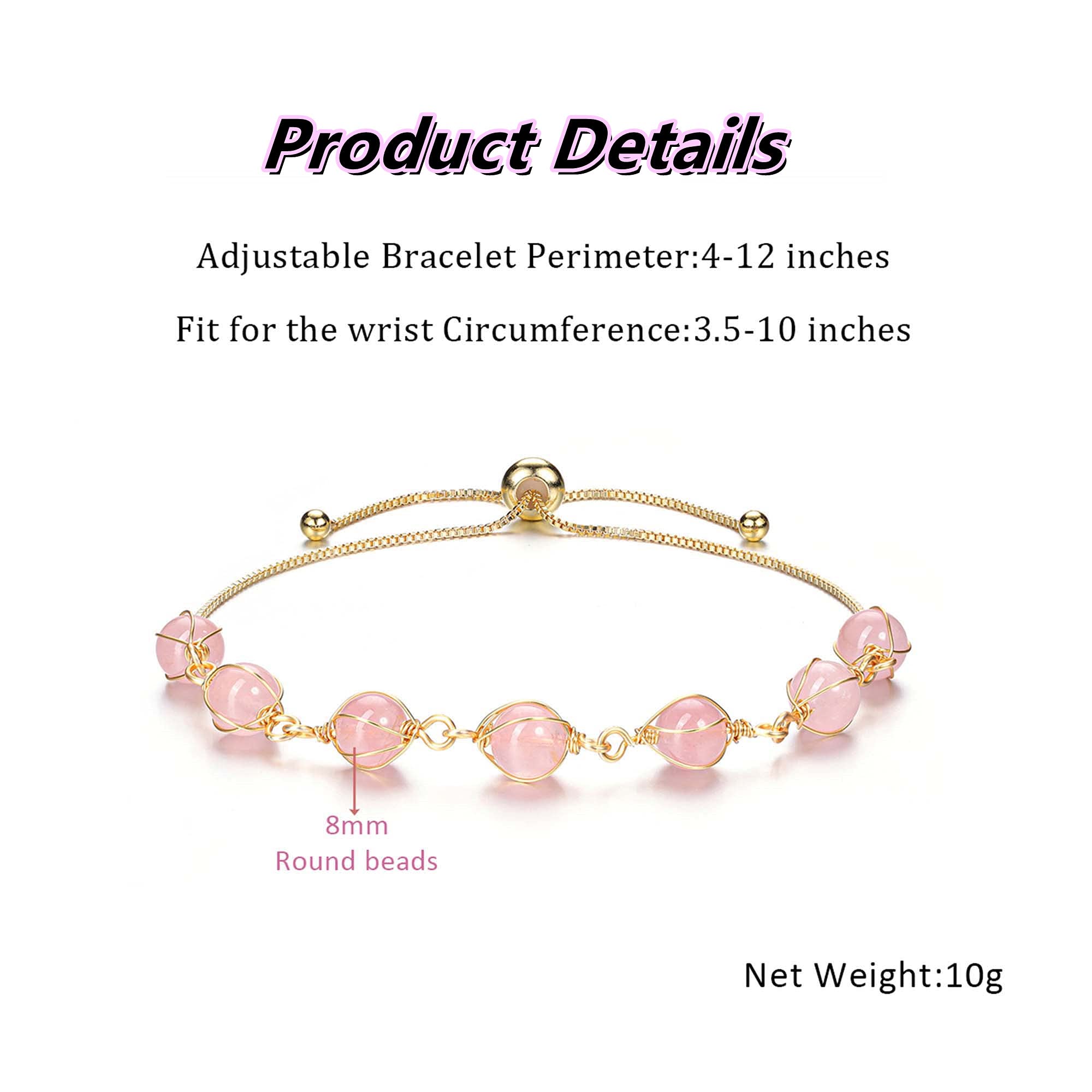 PESOENTH Pink Rose Quartz Crystal Healing Bracelet Women Natural Gemstone Beads Anxiety Yoga Medititaion Spiritual 14K Gold Bracelet Jewelry