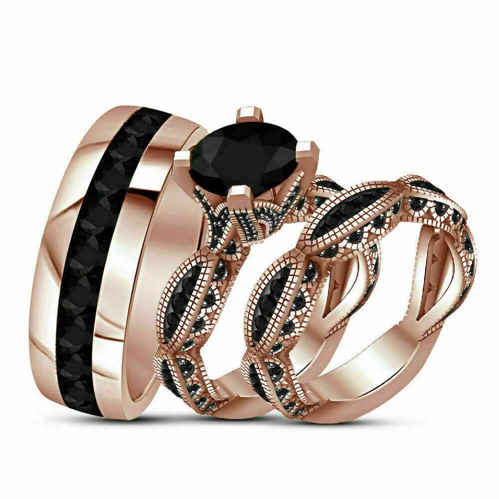 Ritika Created Round Cut Black Diamond 925 Sterling Silver 14K Rose Gold Over Diamond Wedding Band Engagement Ring Set for Him & Her