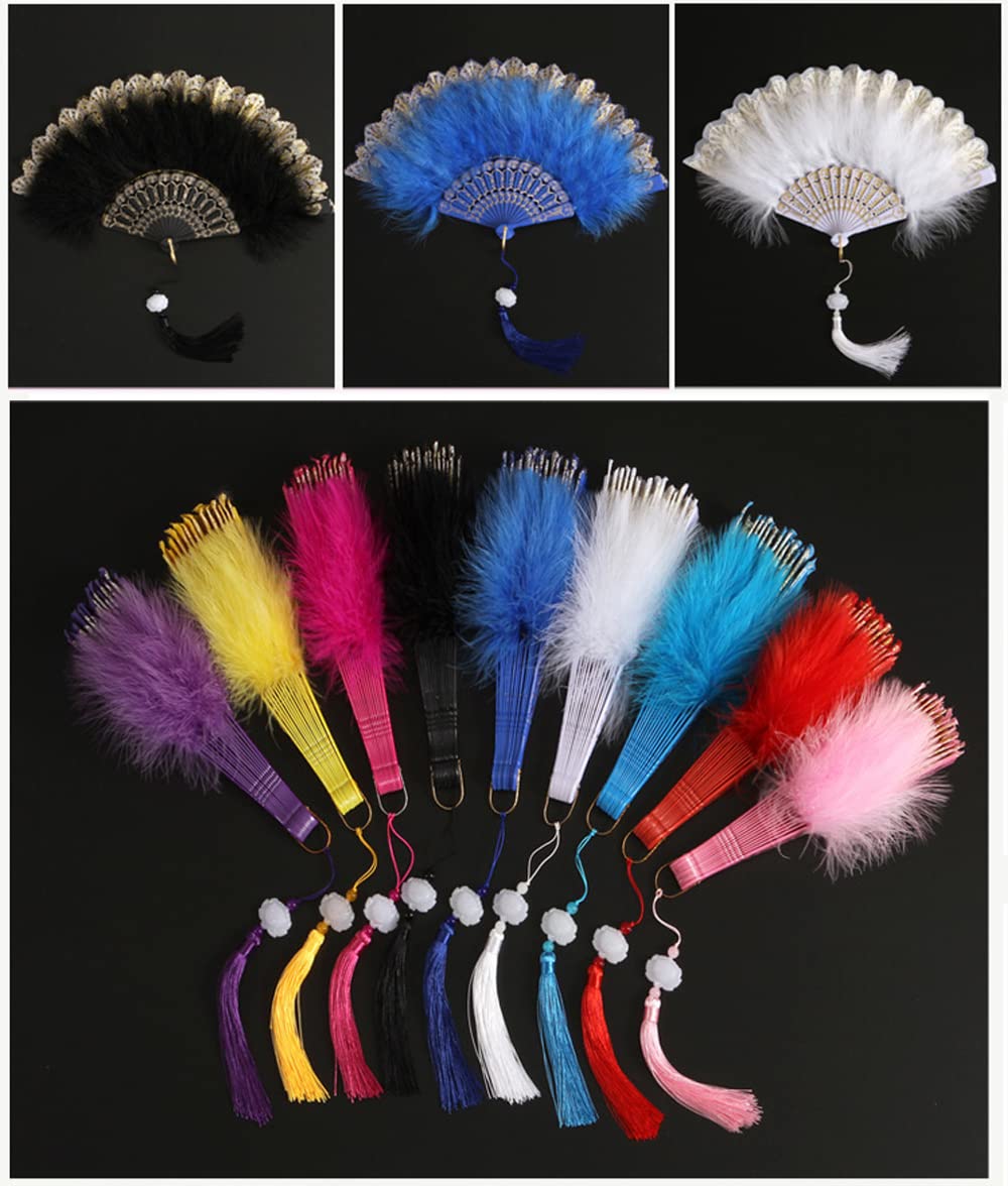 Huralona 1920s Vintage Style Flapper Hand Fan Embroidered Flower Marabou Feather Fan (Embroidered Black)