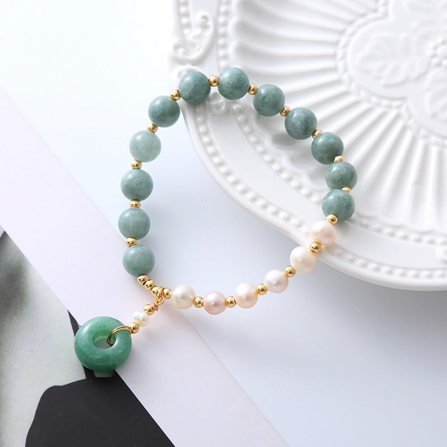 BigBigMe Burmese Jade Pearl Bracelet, Gemstone Charm Elastic Beaded Bracelet, Elastic Bracelet, Bracelet for Women