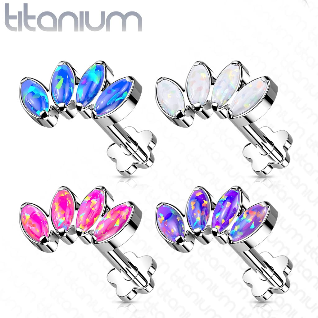 Dynamique Implant Grade Titanium Threadless Push In Flower Base Labret, Flat Back Studs With 4-Marquise Opal Set Peatal Top For Cartilage, Monroe (Sold Per Piece)