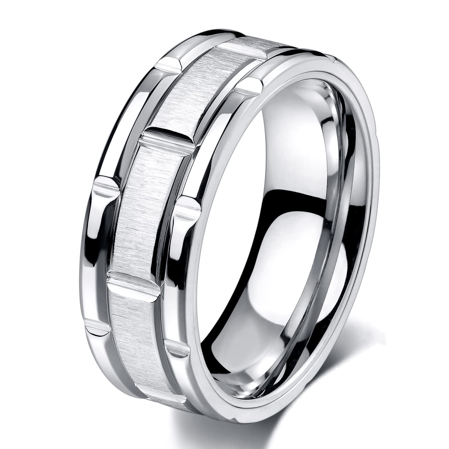 KAZITSAN Stainless Steel Ring for Men Women Brushed Wedding Band Silver Brick Pattern Engagement Promise Comfort Fit Size 10