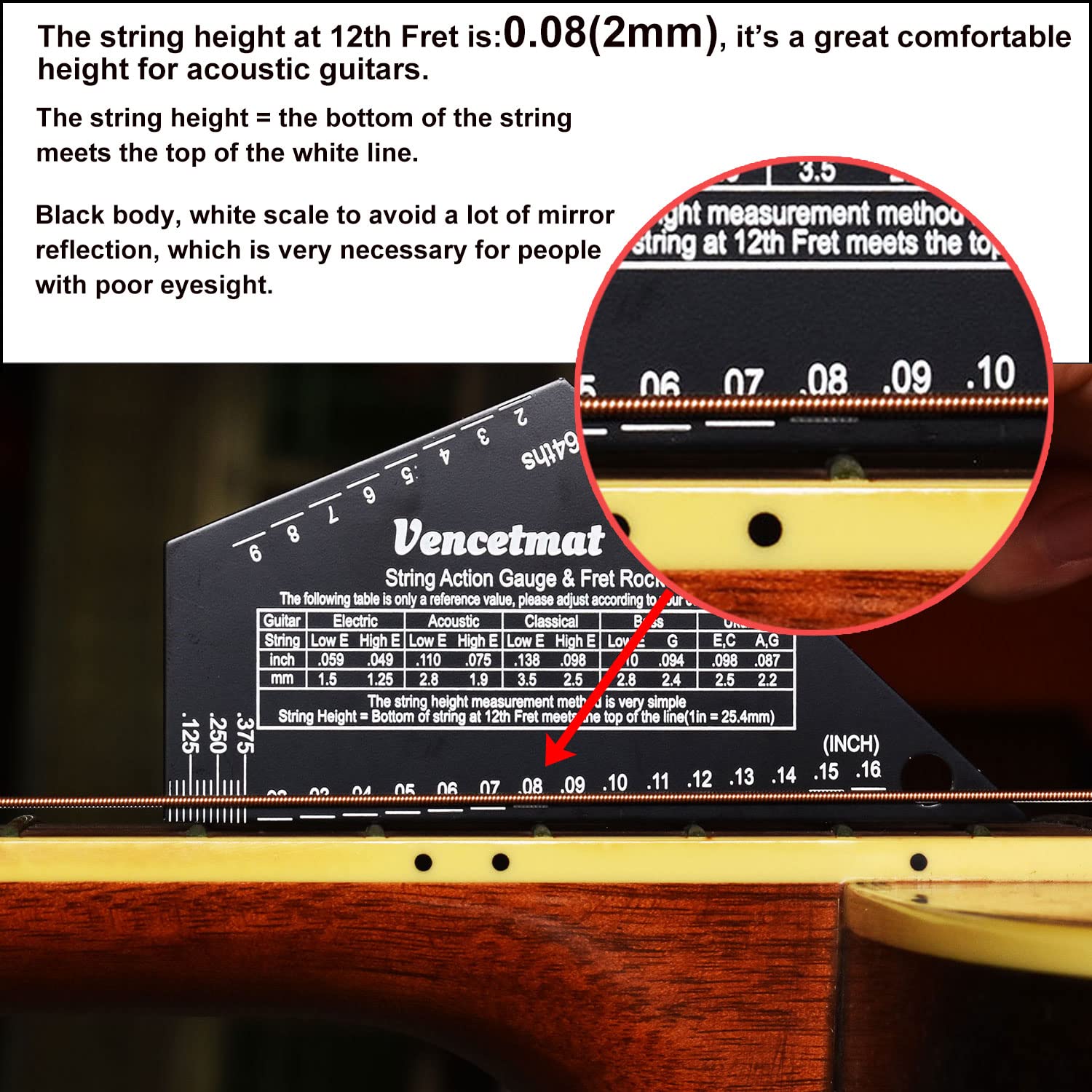 Vencetmat Guitar String Action Gauge, String Height Ruler, Guitar Fret Rocker, Fret Leveling Guide, Buzzing Fret Catcher, 1mm Thickness, Laser Etching, High Precision Graduations,Luthier Tools