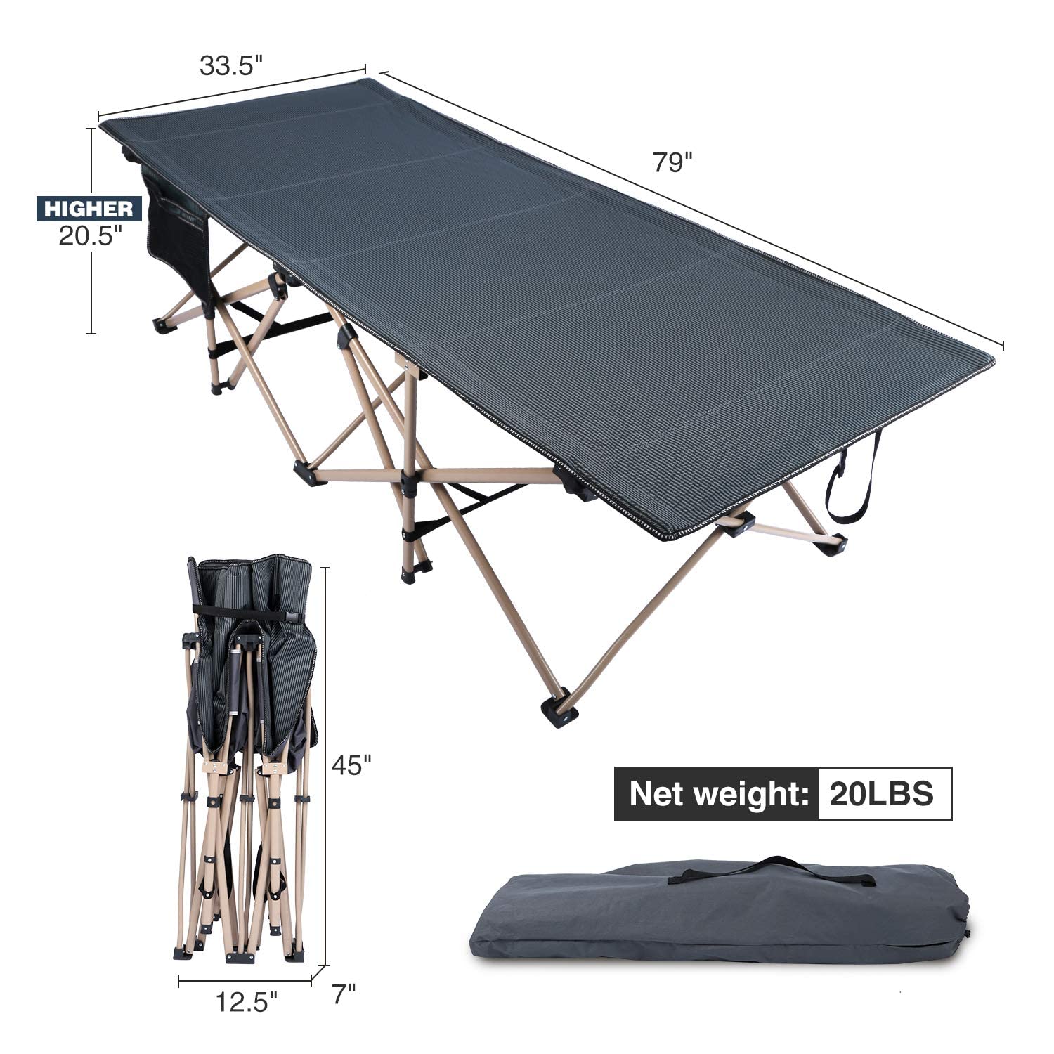 REDCAMP Oversized Folding Camping Cots for Adults 500lbs, Double Layer Oxford Strong Heavy Duty Extra Wide & Large Sleeping Cots，Dark Grey 2-Pack