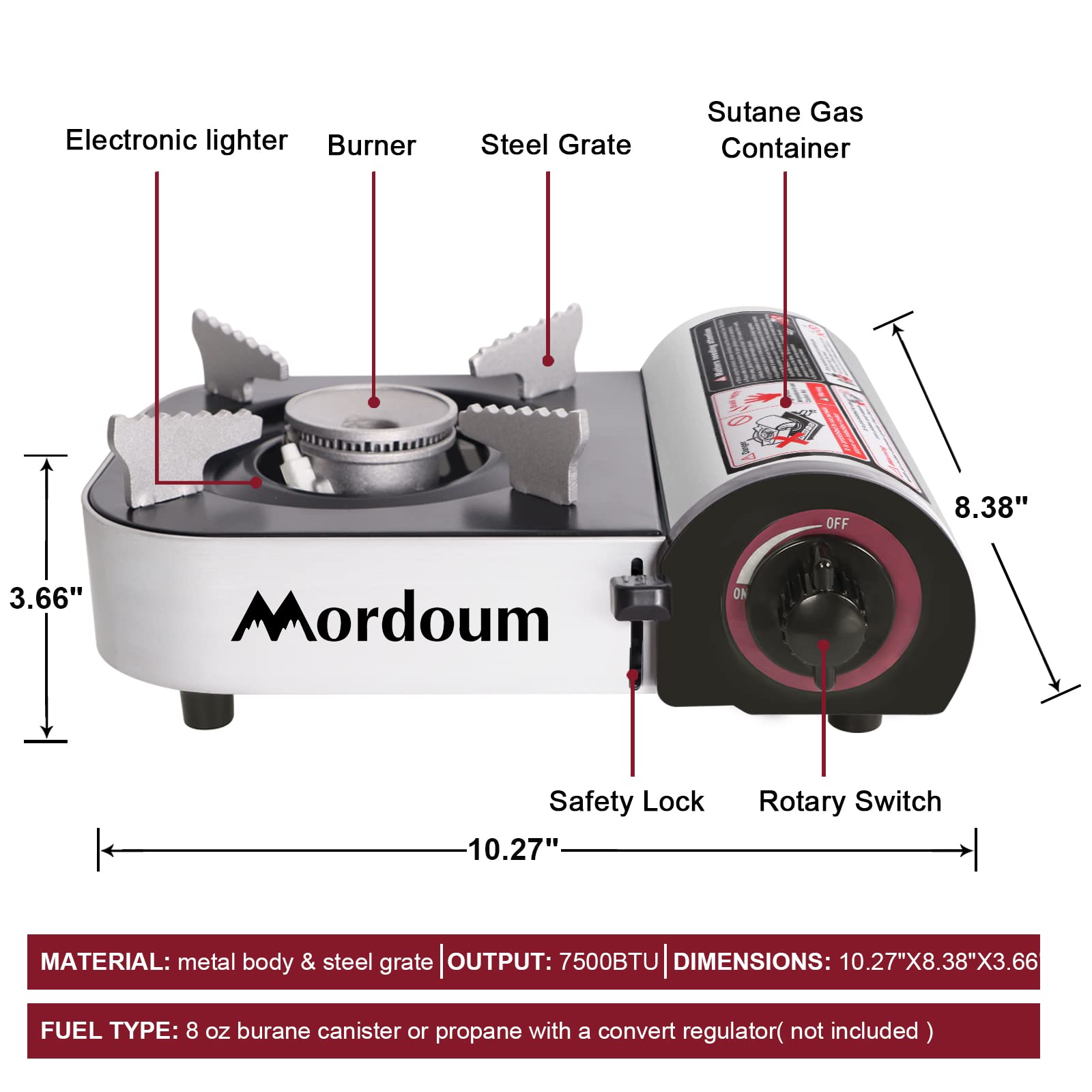 Mordoum Camping Stove Portable Single Stove Butane Portable Butane Stove for Camping, Picnics, Outdoor, Fishing, BBQ. Electronic Ignition, Brass Burner, Portable Gas Grill Mini Aluminum Material