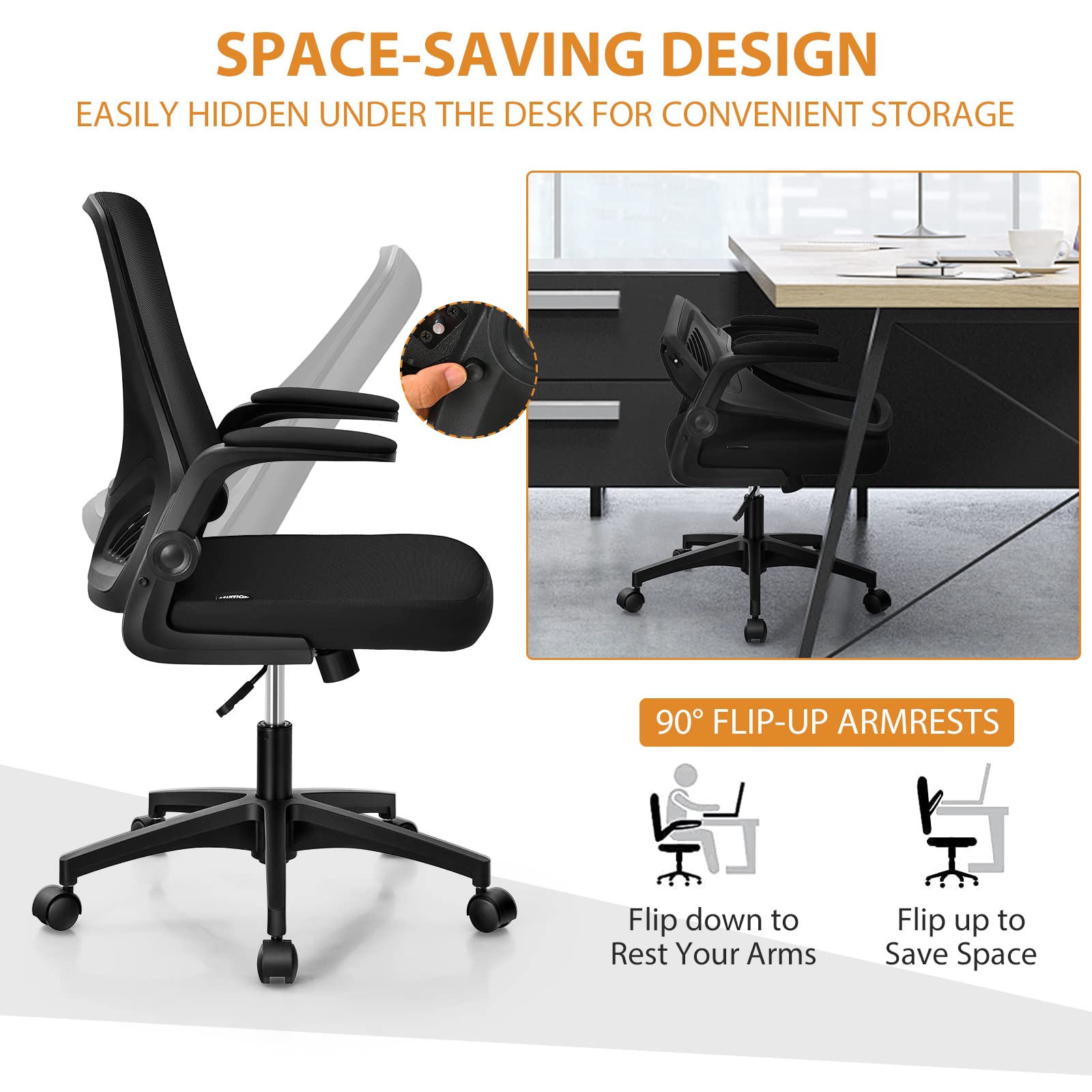 COSTWAY Ergonomic Office Chair with Foldable Backrest, Mid Back Mesh Office Chair w/Flip up Armrest, Swivel Rolling Executive Task Chair w/Lumbar Support, Ideal for Office, Meeting Room