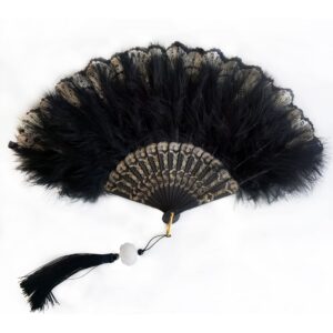 huralona 1920s vintage style flapper hand fan embroidered flower marabou feather fan (embroidered black)