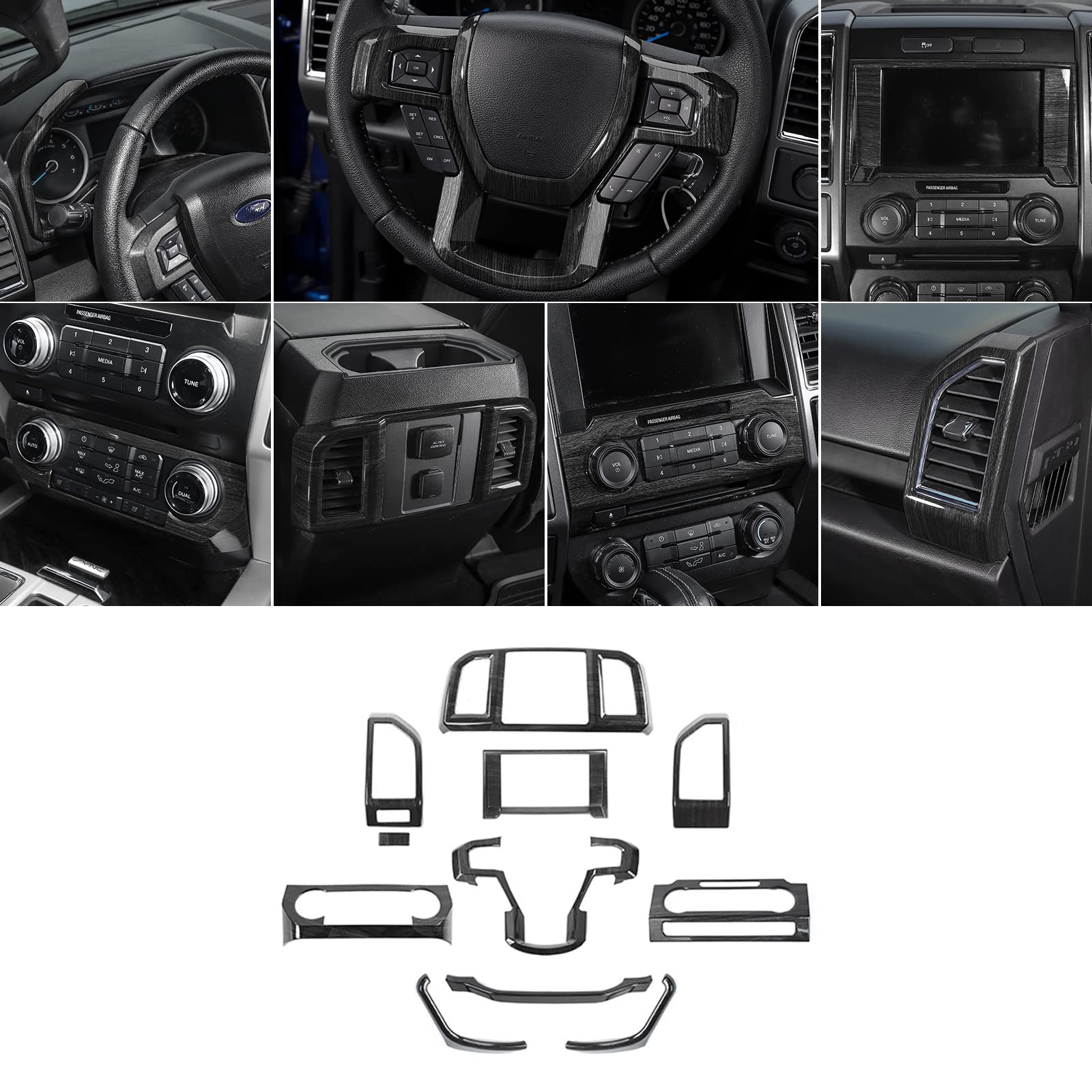 Hoolcar Interior Center Console Dashboard Navigation Trim Cover Kit ABS Accessories for 2015-2020 Ford F150, Black Wood Grain