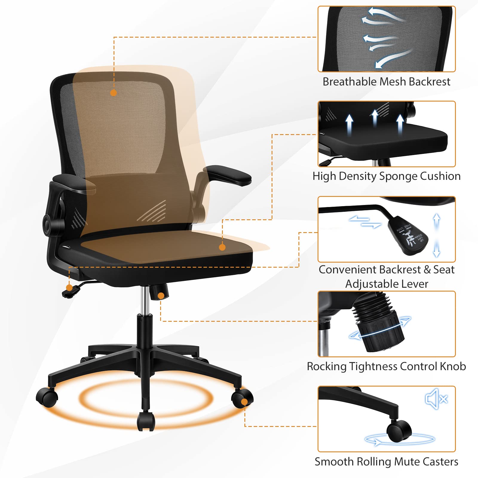 COSTWAY Ergonomic Office Chair with Foldable Backrest, Mid Back Mesh Office Chair w/Flip up Armrest, Swivel Rolling Executive Task Chair w/Lumbar Support, Ideal for Office, Meeting Room