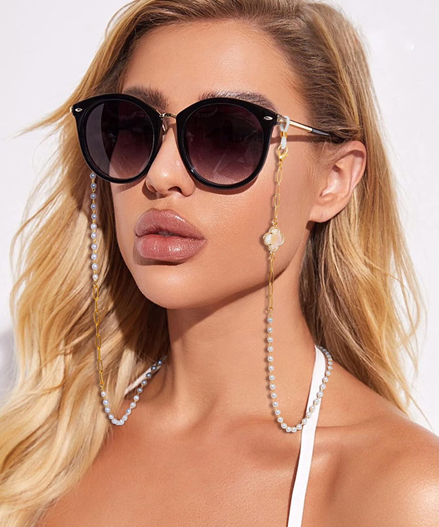 Buleens Glasses Chain for Women Freshwater Pearl Stainless Steel Eyeglass Chain Girls Beaded Stylish Acrylic Eye glass Chains Girl Sunglasses Chain Set around Neck (Pearl and Crystal)