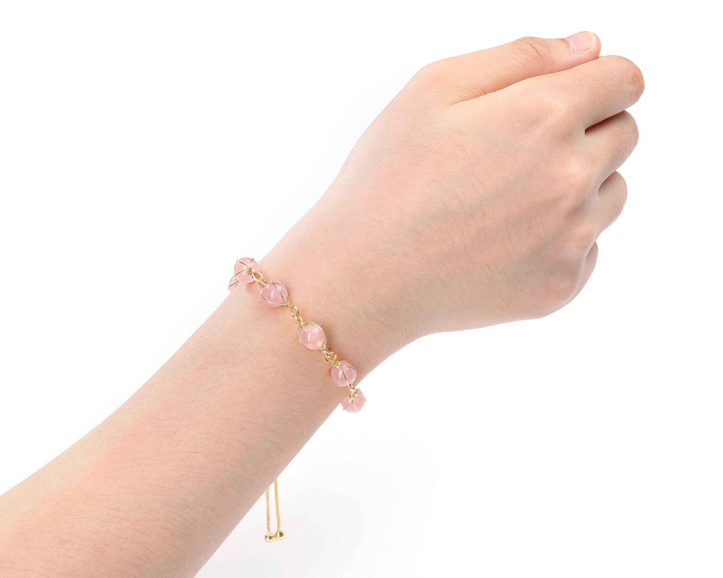 PESOENTH Pink Rose Quartz Crystal Healing Bracelet Women Natural Gemstone Beads Anxiety Yoga Medititaion Spiritual 14K Gold Bracelet Jewelry