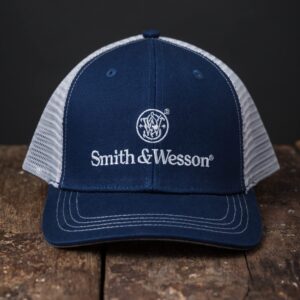 Smith & Wesson Mens Trucker Hat Baseball Cap 2 Color with Emblem Logo Contrast Stitching Mesh Back Officially Licensed, One Size, Blue/Grey