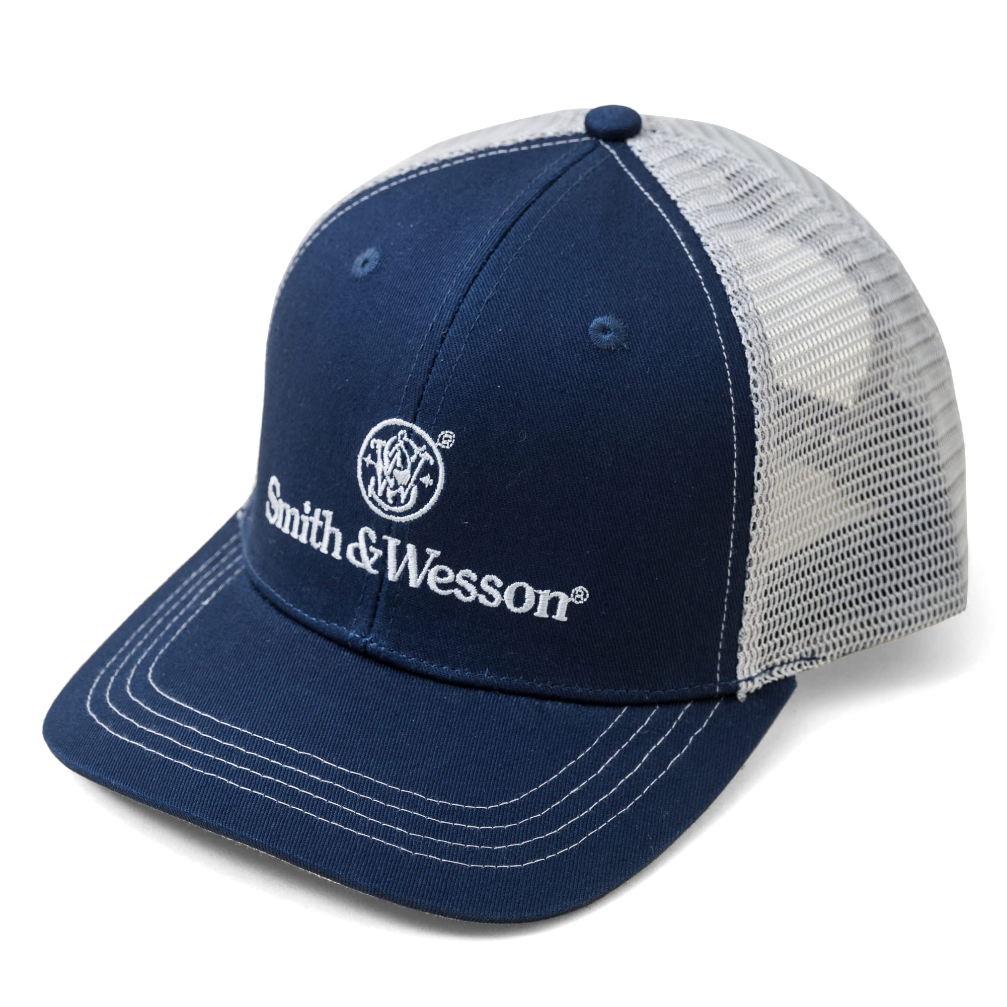 Smith & Wesson Mens Trucker Hat Baseball Cap 2 Color with Emblem Logo Contrast Stitching Mesh Back Officially Licensed, One Size, Blue/Grey