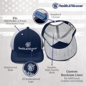 Smith & Wesson Mens Trucker Hat Baseball Cap 2 Color with Emblem Logo Contrast Stitching Mesh Back Officially Licensed, One Size, Blue/Grey