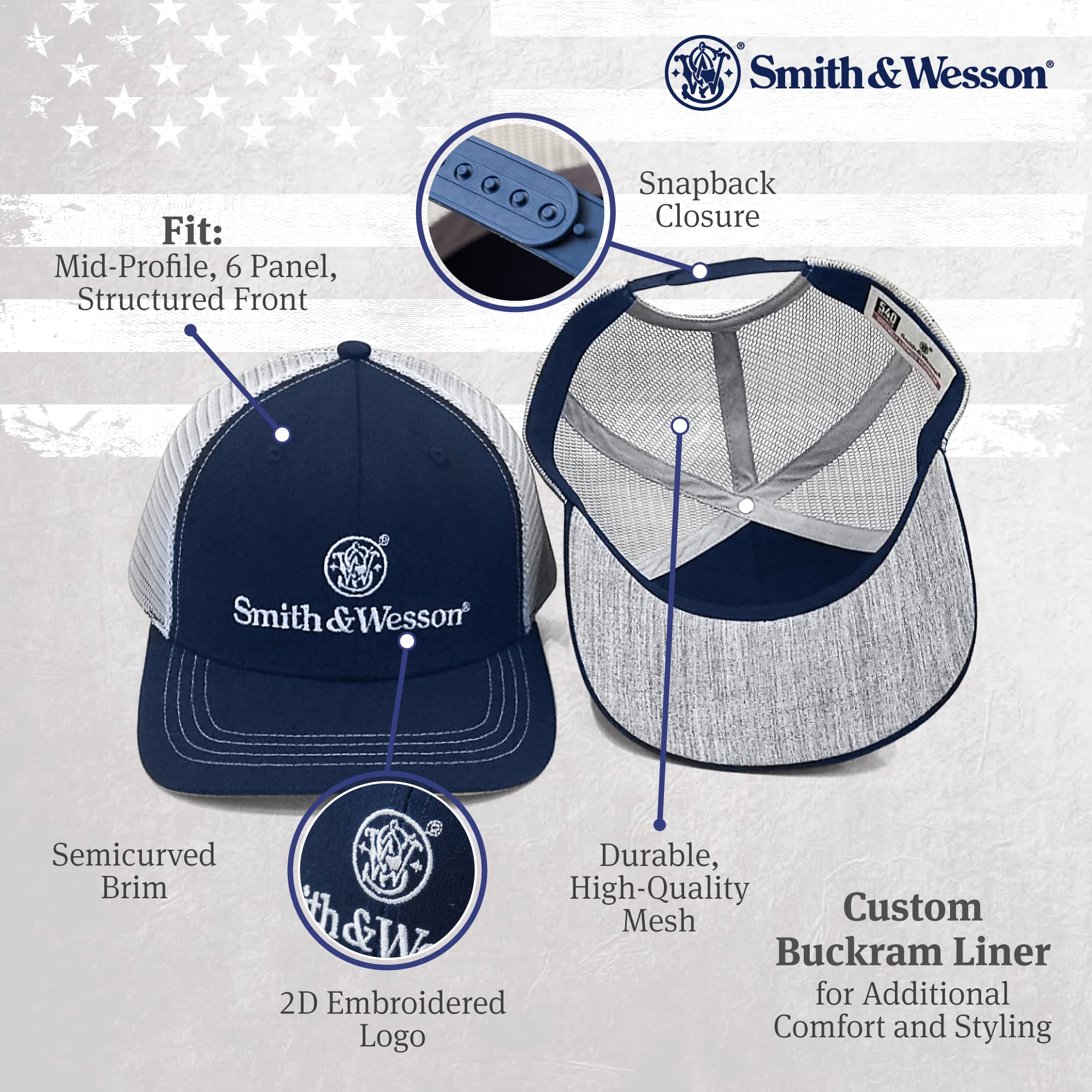 Smith & Wesson Mens Trucker Hat Baseball Cap 2 Color with Emblem Logo Contrast Stitching Mesh Back Officially Licensed, One Size, Blue/Grey