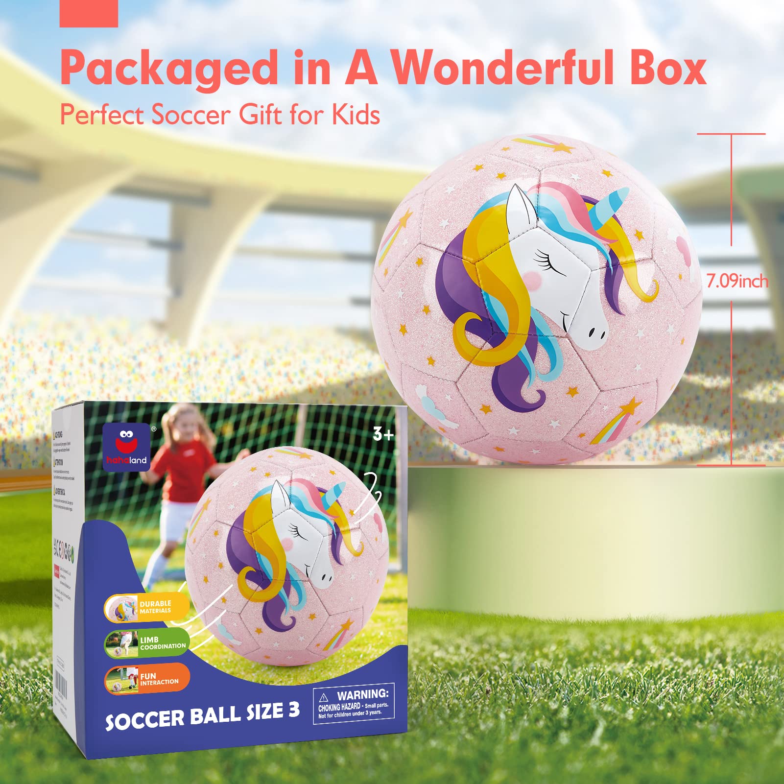 hahaland Size 3 Soccer Ball for Kids with Pump & Mesh Bag - Glitter Unicorns Soccer Ball Gifts for Girls 3 Year Old -Sports & Outdoor Play Toys for Baby Girls Boys Ages 2 3 4 5 6 7 8