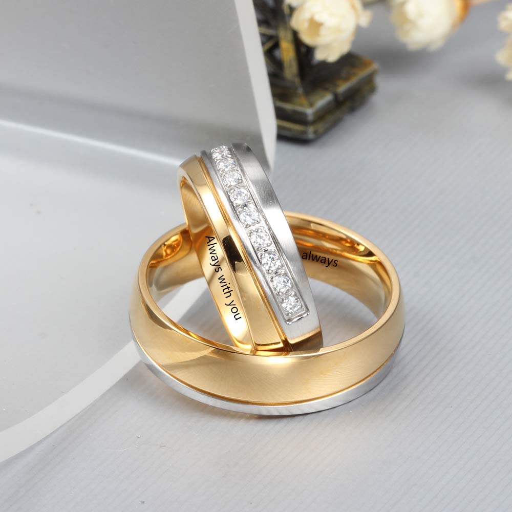 Molywoo Personalized Couple Ring Bands for Women Men Couple Wedding Rings Set for Him and Her Stainless Steel Engagement Promise Mens Women’s Rings (Couple Ring Set-Gold)