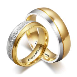 Molywoo Personalized Couple Ring Bands for Women Men Couple Wedding Rings Set for Him and Her Stainless Steel Engagement Promise Mens Women’s Rings (Couple Ring Set-Gold)