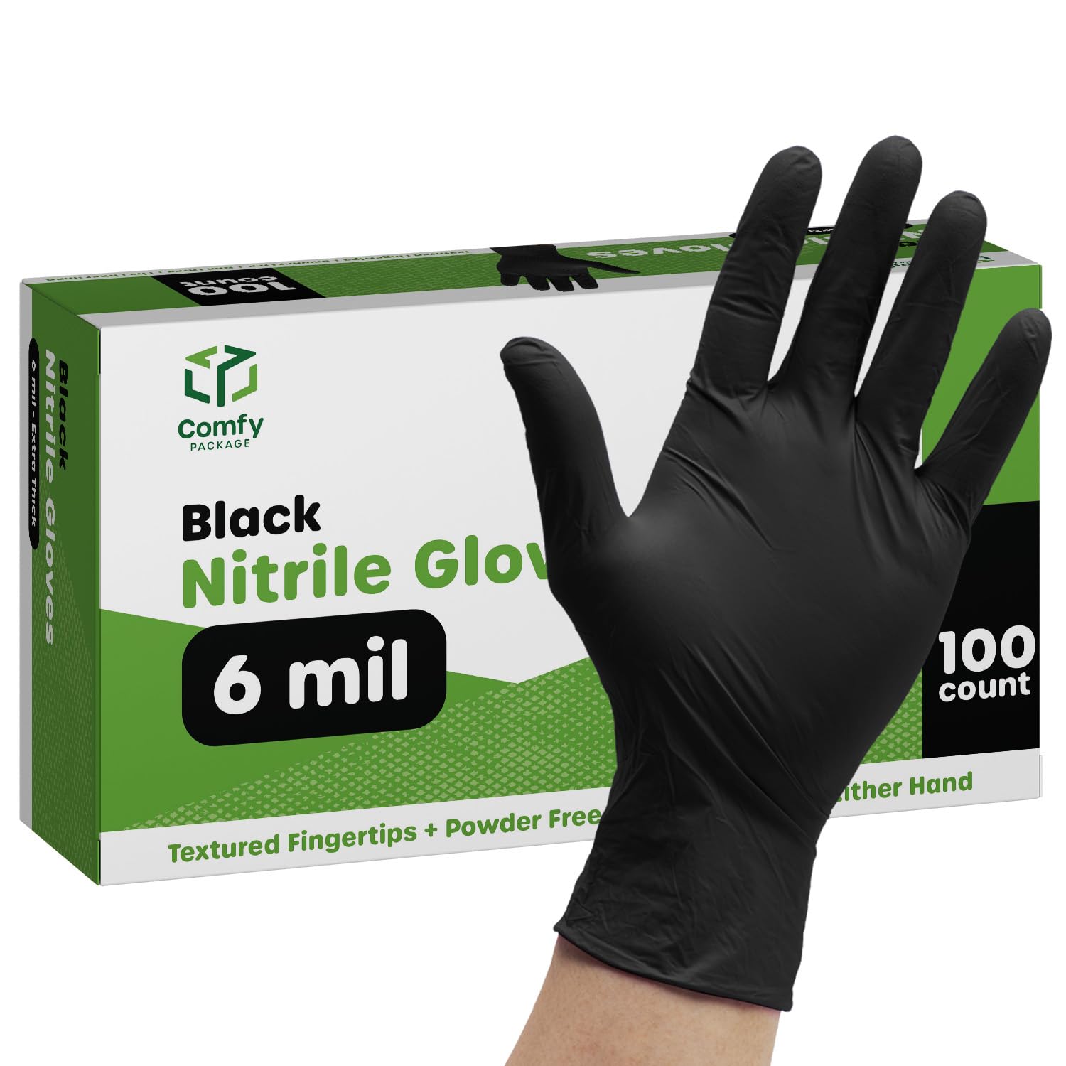 Comfy Package [100 Count Black Nitrile Gloves Disposable Latex Free, 6 Mil Extra Strength, Powder Free, Chemical Resistant, Textured Fingertips - Small