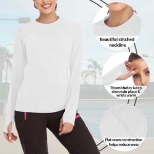 Women White Long Sleeve Thermal Shirt Running Shirt Workout Tops Moisture Wicking Athletic Shirts with Thumb Holes（White,Medium)