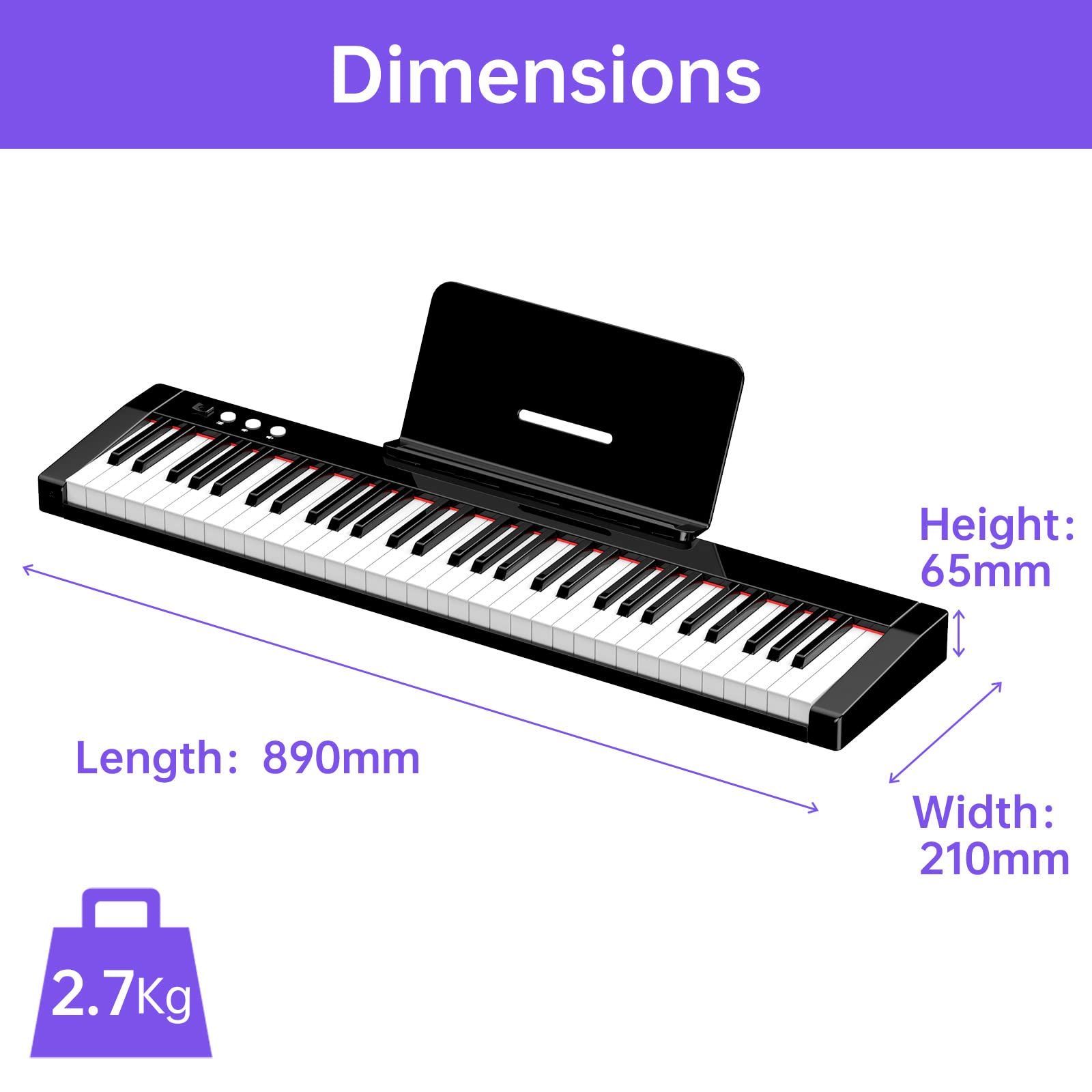 TERENCE Keyboard Piano with 61 Semi-weighted Keys & 1800mAh Battery Support MIDI USB Interface & Piano Application with Bluetooth Sheet Music Stand Sticker Bag Audio Cable Earphones