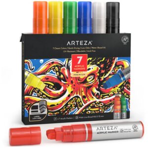 Arteza Acrylic Paint Markers, 7 Acrylic Paint Pens in Classic Colors, 3-in-1 Multi-Line Nibs, 5–15 mm Line, UV-Resistant, Art & Craft Supplies, Use on Canvases for Painting, Glass, Plastic, Rock