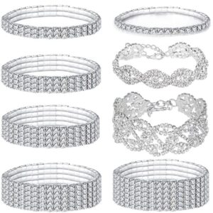 SONNYX 8 PCS Rhinestone Bracelets Stretch for Women Bridal Sparkly Wedding Strand Tennis Bracelet Bling Bikini Crystal Bracelet Silver-Stone Wedding Jewelry Bracelet Set