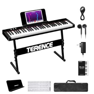 terence keyboard piano with 61 semi-weighted keys & 1800mah battery support midi usb interface & piano application with bluetooth sheet music stand sticker bag audio cable earphones