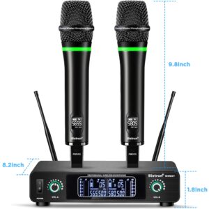 Bietrun Wireless Microphone, Rechargeable Metal Dual UHF Cordless Dynamic Handheld Microphone System for Home Karaoke, Meeting, Party, Church, DJ, Wedding(UHF 240ft Range)(Receiver with Bluetooth)