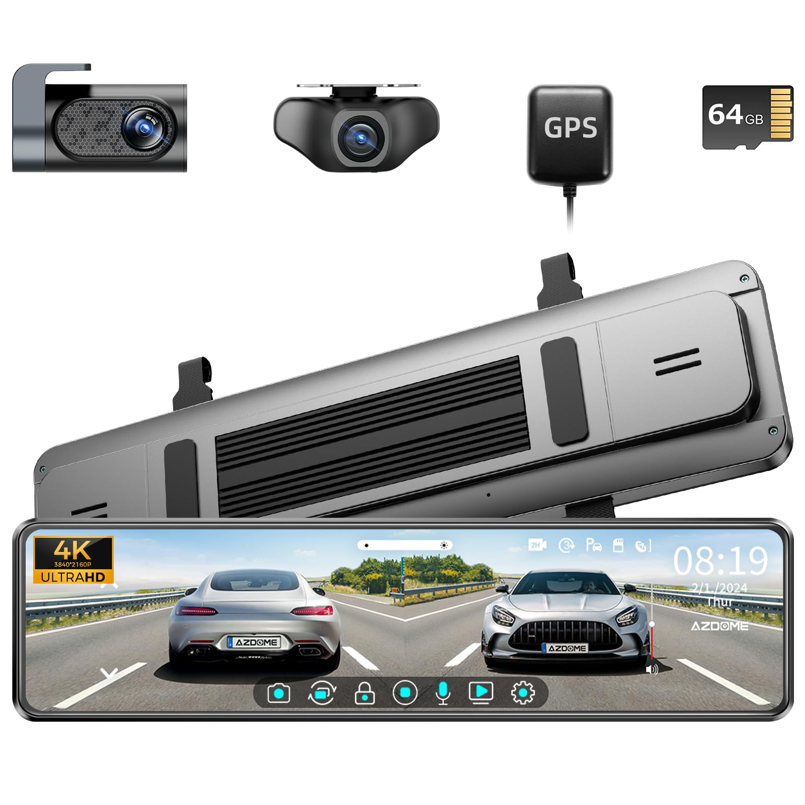 AZDOME 12" Mirror Dash Cam with 4K Detached Front Camera, Rear View Mirror Camera with Sony IMX335, WDR Night Vision, GPS, IPS Full Touch Split Screen, Free 64GB Card, Parking Assistance PG18S