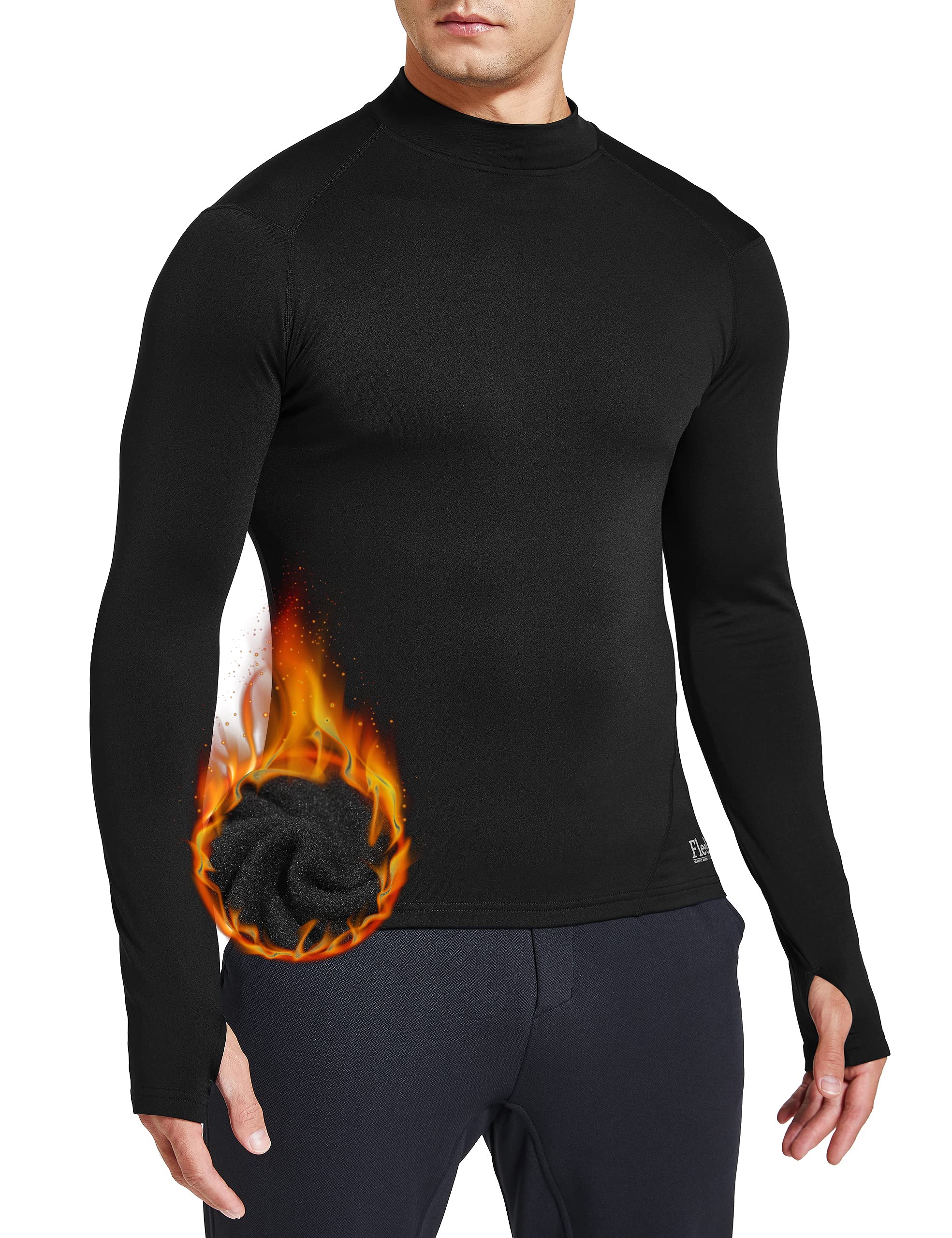 FitsT4 Sports Men's Thermal Fleece Lined Mock Neck Baselayer Tops Long Sleeve Running Athletic Shirt with Thumbholes Black XXL