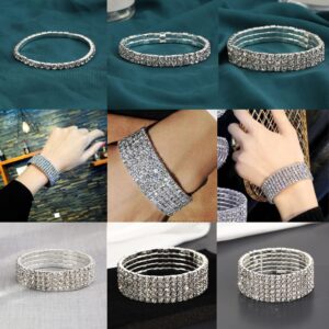 SONNYX 8 PCS Rhinestone Bracelets Stretch for Women Bridal Sparkly Wedding Strand Tennis Bracelet Bling Bikini Crystal Bracelet Silver-Stone Wedding Jewelry Bracelet Set