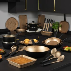 Russell Hobbs RH01666BEU Opulence Collection Non-Stick 24 cm Fry Pan, Induction and Dishwasher Safe, PFOA Free, Black and Gold, Aluminium Body, Metal Utensil Safe, Soft Bakelite Handle