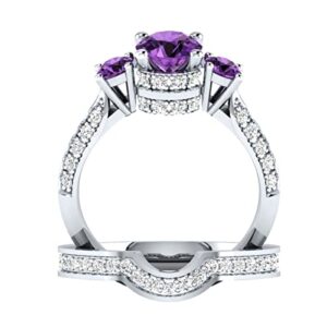 IDEALJEWEL95 Sterling Silver 2.60 ct Round Amethyst & White Sapphire Bridal Ring Set Sizable For Women Engagement Ring/Wedding/Valentines