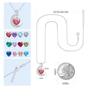 Qings Garnet January Birthstone Necklace - Red Heart Necklaces Crescent Moon S925 Family Birthstones Jewelry for Women Daughter