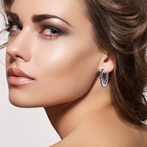 Femme Luxe created blue sapphire gemstone Inside-Out hoop earrings in silver, September birthstone.