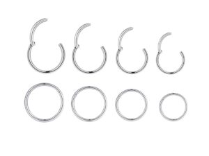 18g surgical steel nose rings hoop hinged clicker segment helix cartilage daith tragus earrings body piercing jewelry for women men girls 6mm 8mm 10mm 12mm 4 pairs, metal, no gemstone