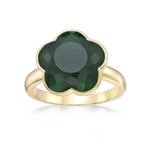 lavari jewelers stylish five petal flower ring for women - elegant green onyx in 925 sterling silver - hypoallergenic yellow gold plated - birthday ring size 8