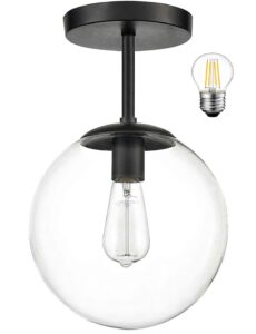 mid century modern globe semi flush mount ceiling light fixture, clear glass with finish, black 1-light sphere glass pendant lights for aisle porch stairway closet kitchen laundry room(bulb incl.)