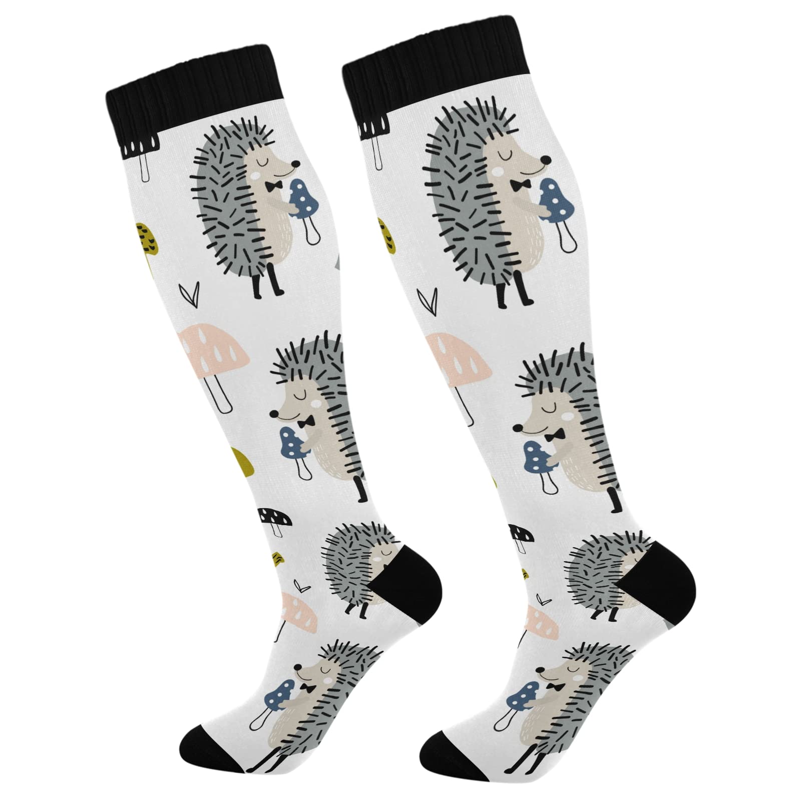 xigua Cute Hedgehog and Mushroom Compression Socks 20-30mmHg Knee High Stockings for Sport Nursing - 1 Pair